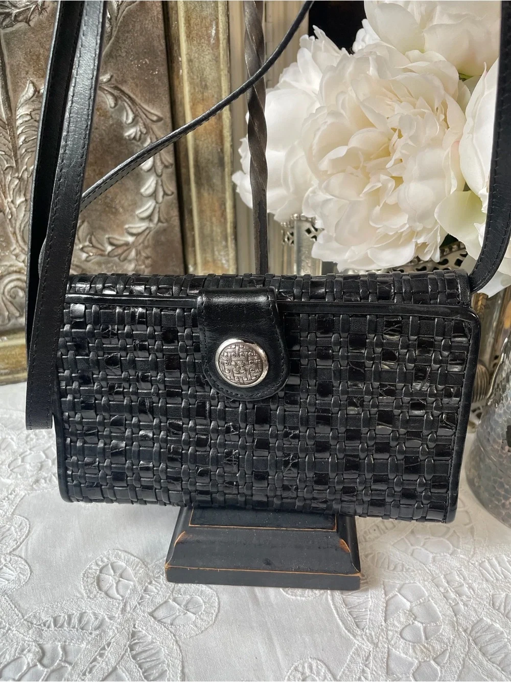 Brighton black leather woven crossbody wallet